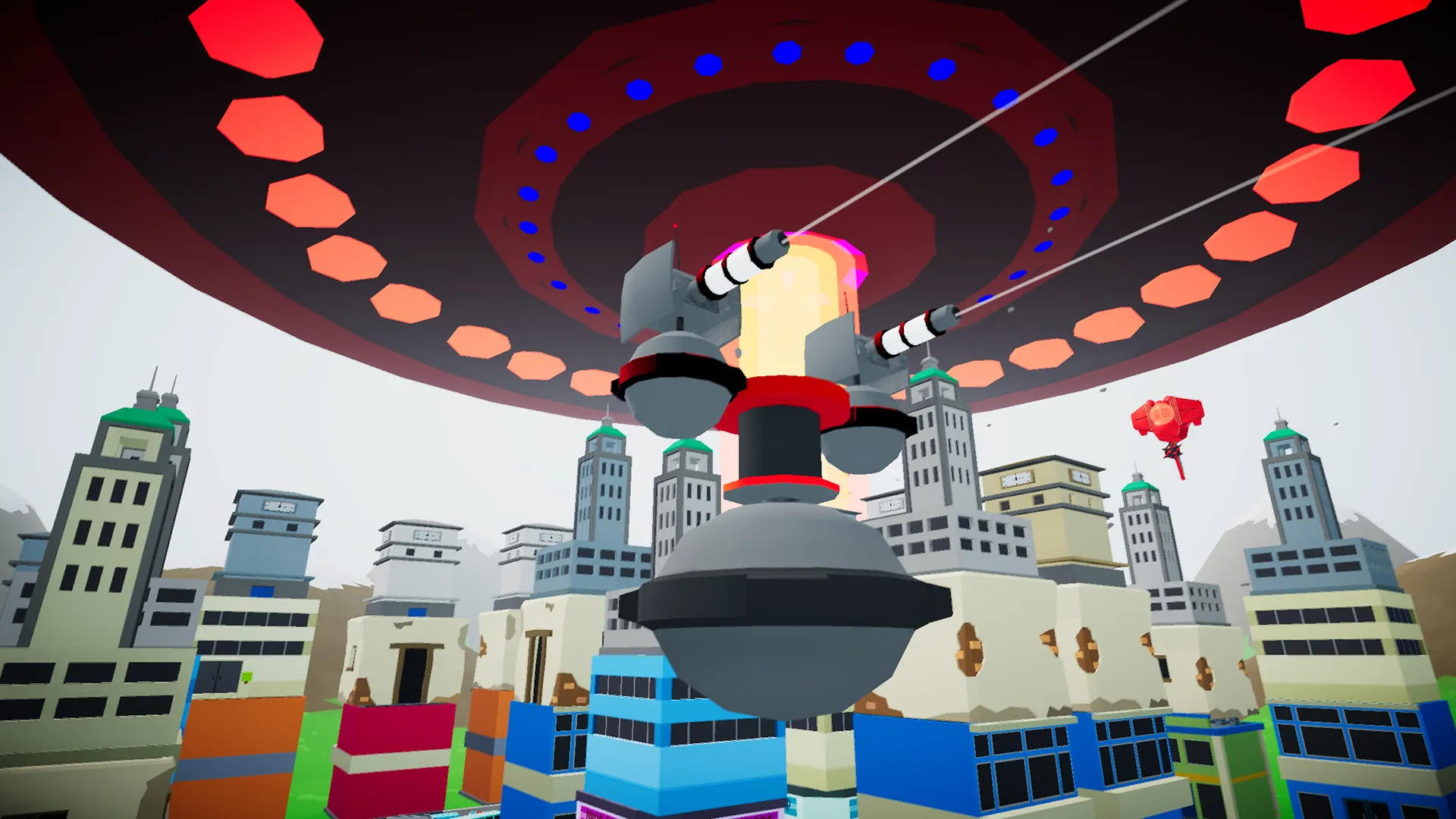 A screenshot depicting a floating tower with two cannons on its sides, floating above a city. Red alien UFOs fly even further above the tower.