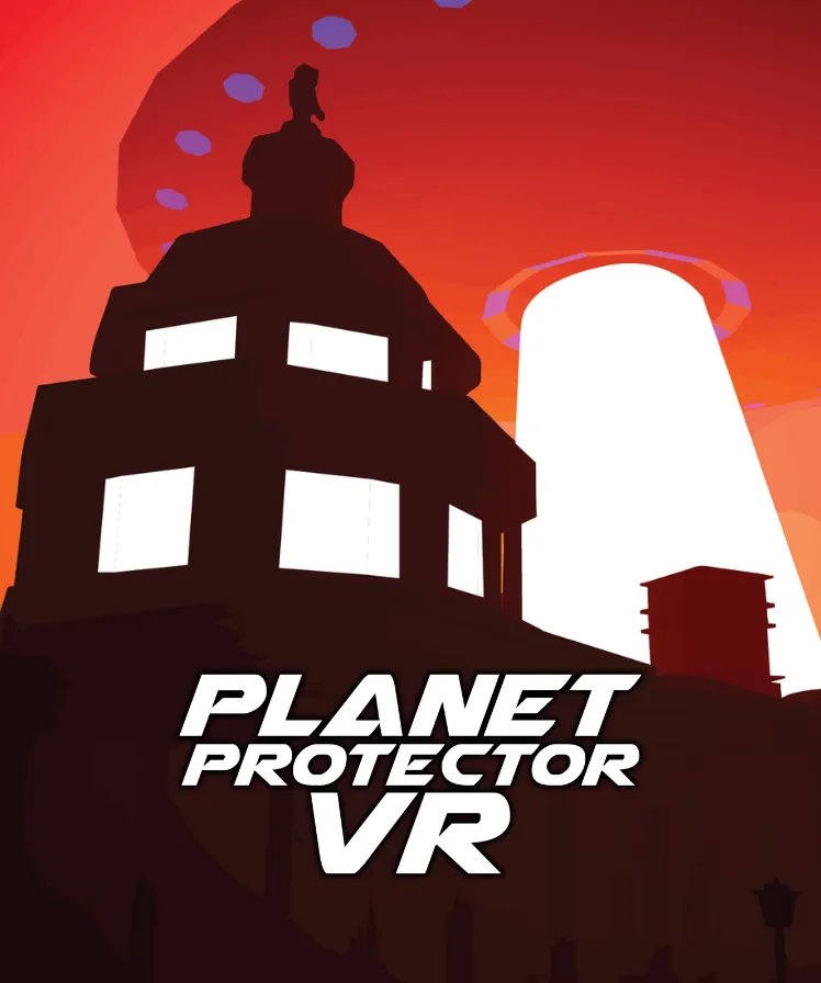 A poster used to advertise Planet Protector VR. It’s red and ominous, with a large alien UFO hovering over the White House of the United States of America.